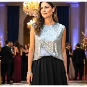Calvin Klein Women Silver Sequin Formal Casual Top Shirt Tank SZ Med Sheer Lined